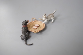 A cold painted bronze group of a Dachshund and a kitten 10cm